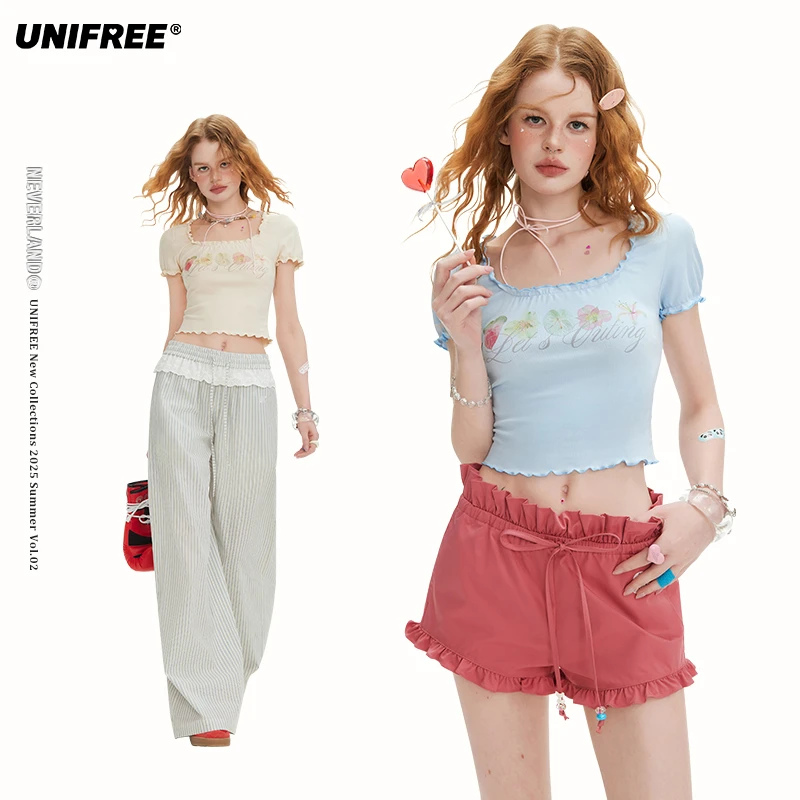 UNIFREE多巴胺方领木耳边短款短袖T恤U252G919P1D1