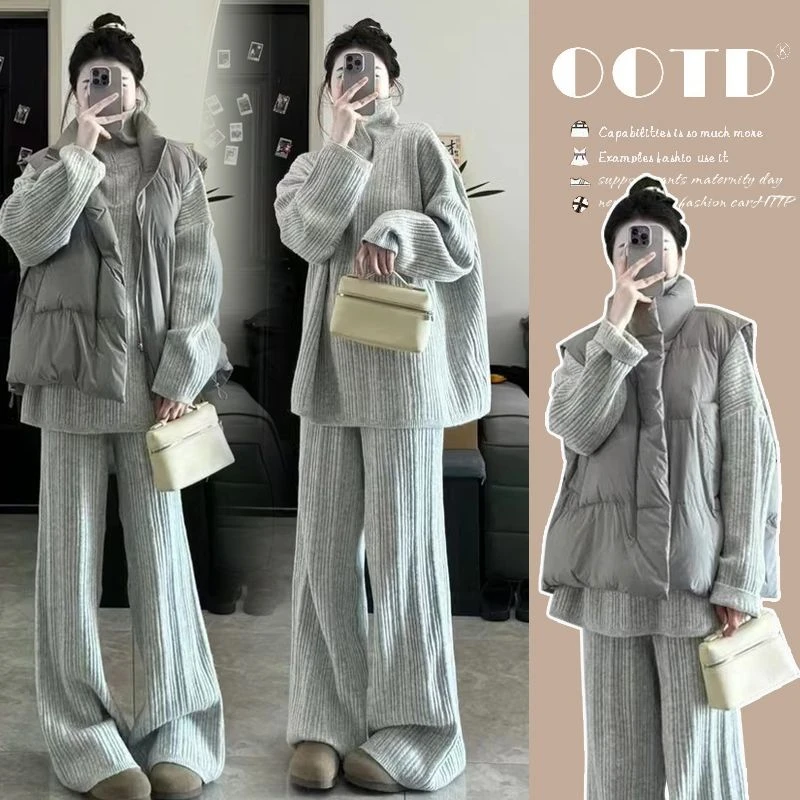 2025孕妇秋冬软糯亲肤方领毛衣休闲时宽松套装＋百搭休闲棉衣马甲