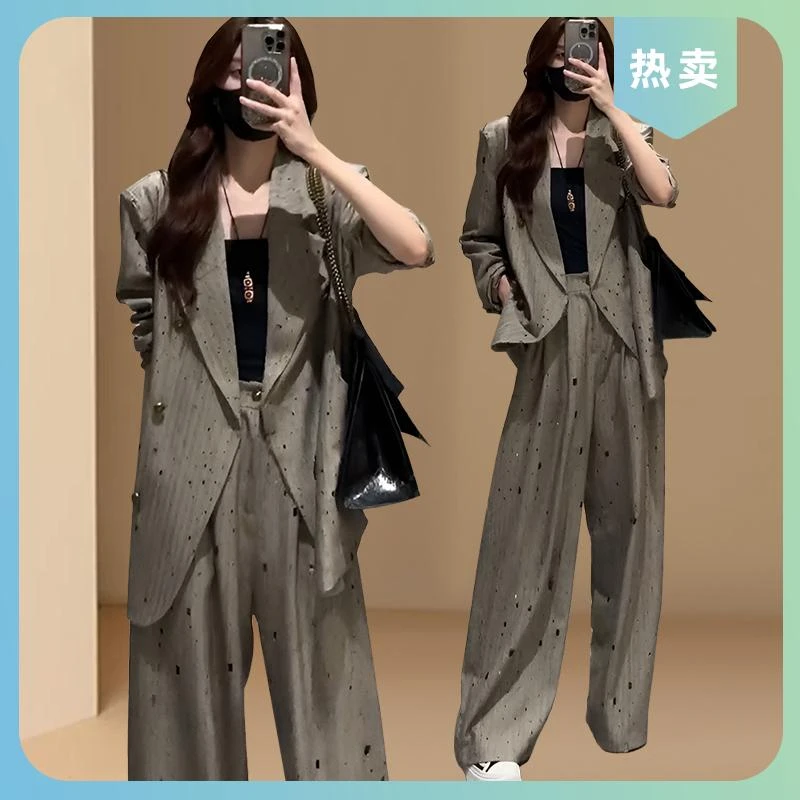 时尚减龄西装套装女春秋设计感印花烫钻西服外套高腰阔腿裤两件套