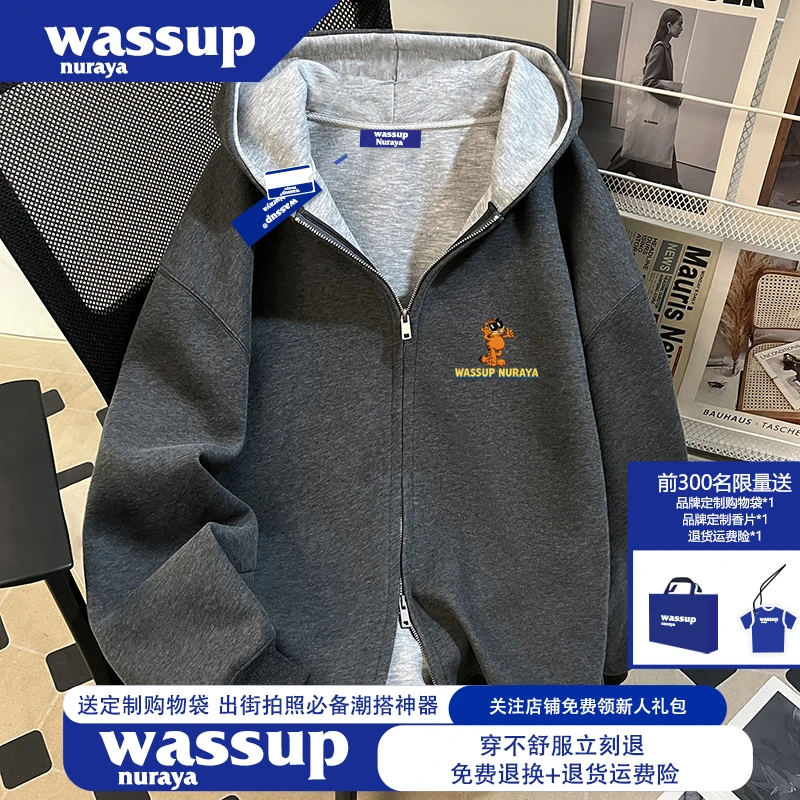 WASSUP NURAYA美式重磅400g拼色开衫卫衣男女款秋季卡通连帽外套