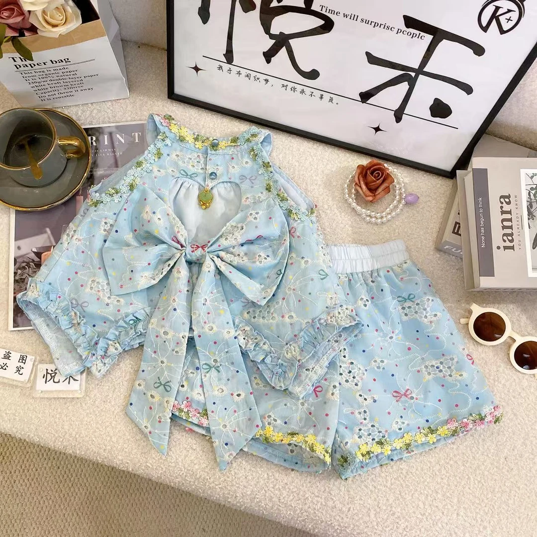 SD女宝韩版套装蓝色夏季新款小花休闲洋气儿童套装80650