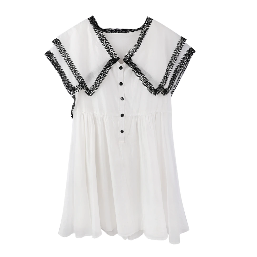 【学士裙】绸拼色蕾丝边双层荷叶领连衣裙2030002