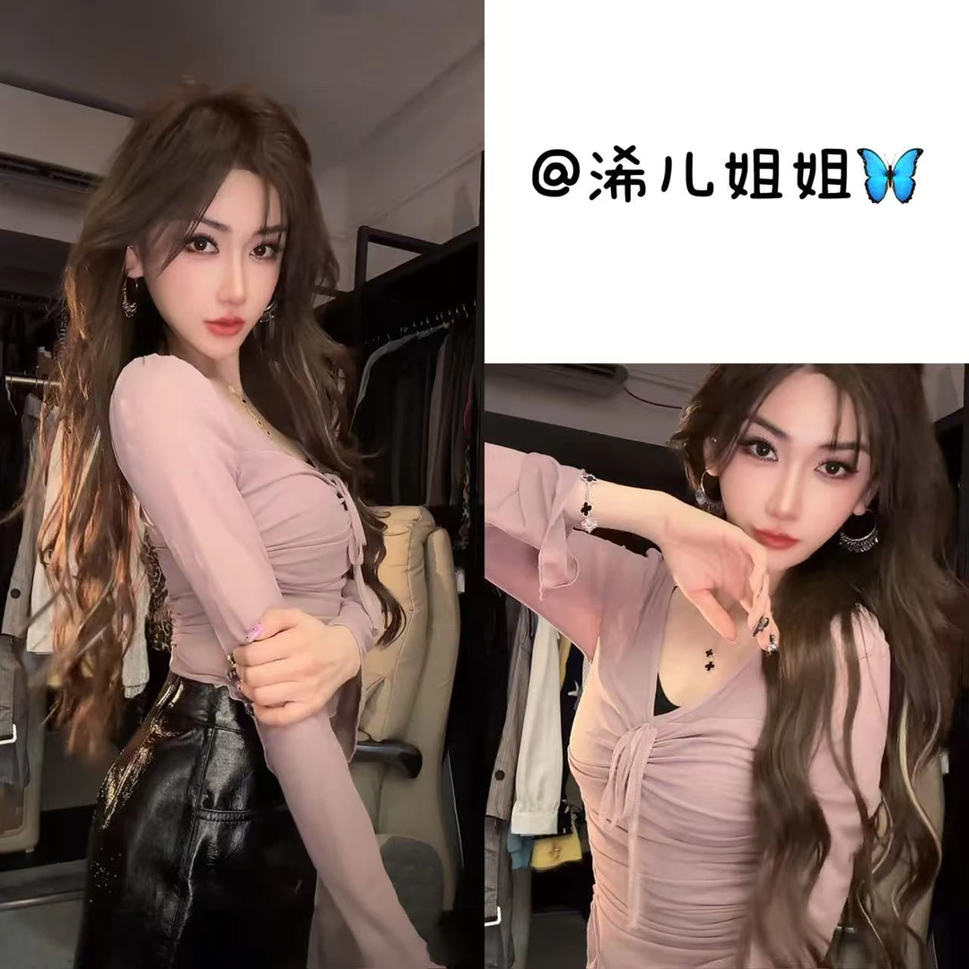 温柔风V领绑带褶皱不规则辣妹上衣