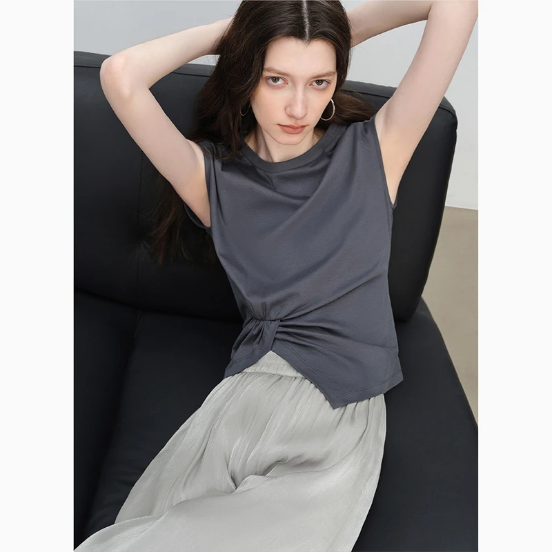 自巧小个子连肩袖扭结设计感t恤女夏圆领小众不撞款上衣25ZQ92406