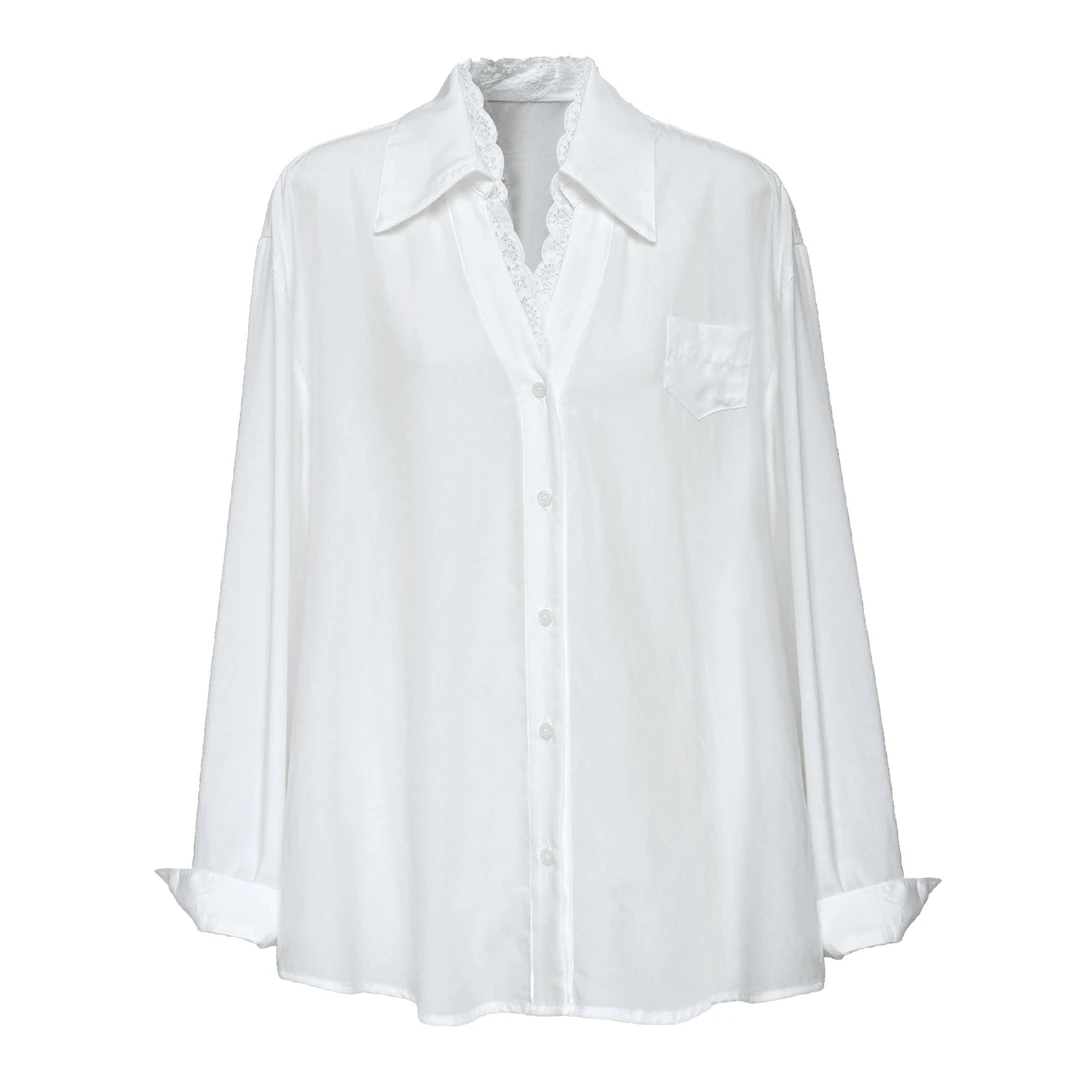 绱品 法式polo领蕾丝拼接衬衫女春季新款小众高级感气质上衣3550