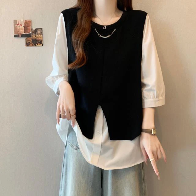 胖mm设计感黑白拼接宽松遮肉假两件上衣女潮法式通勤撞色衬衫ins