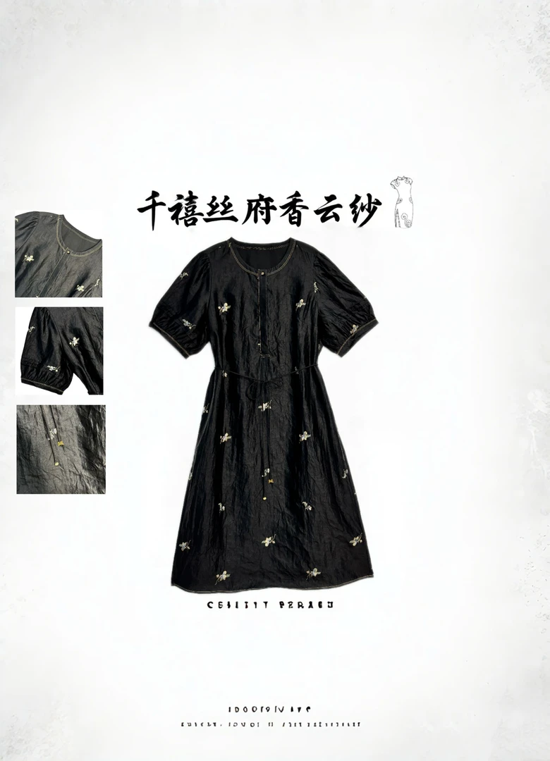 【千禧专属】1343-1简约大气唯美气质黑龟刺绣桑蚕丝香云纱连衣裙