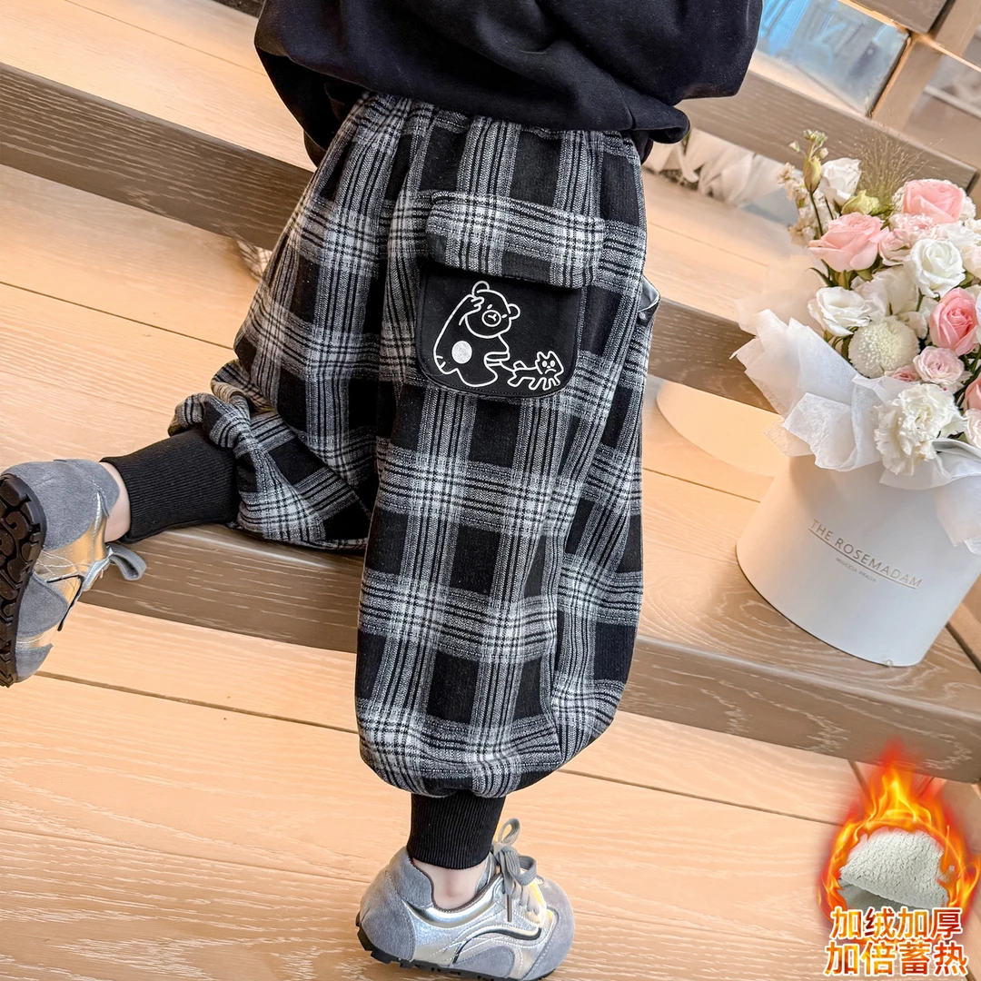 女童加绒格子裤洋气秋冬款女宝宝休闲加厚卫裤时髦小女孩一体绒裤