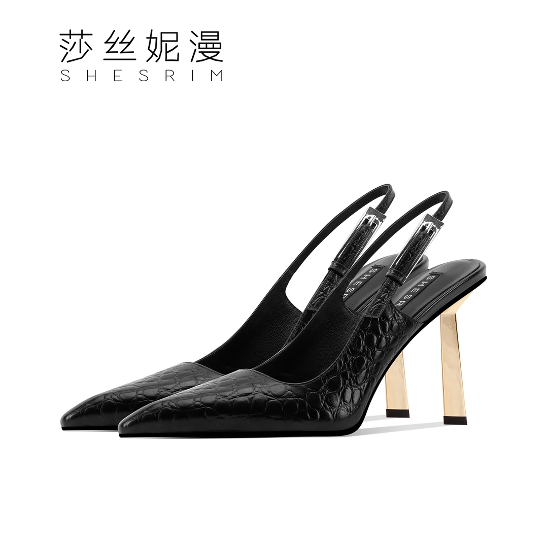 70-高跟鳄鱼纹气质名媛黑色漆皮金属一字扣小方头细跟包头凉鞋
