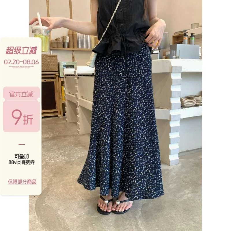 乌77藏青色碎花鱼尾半身裙女覆古不规则设计高腰显瘦字包臀裙夏