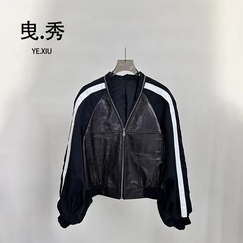 2025秋季新款条纹宽松休闲短款纯绵羊皮外套女棒球服真皮皮衣气质