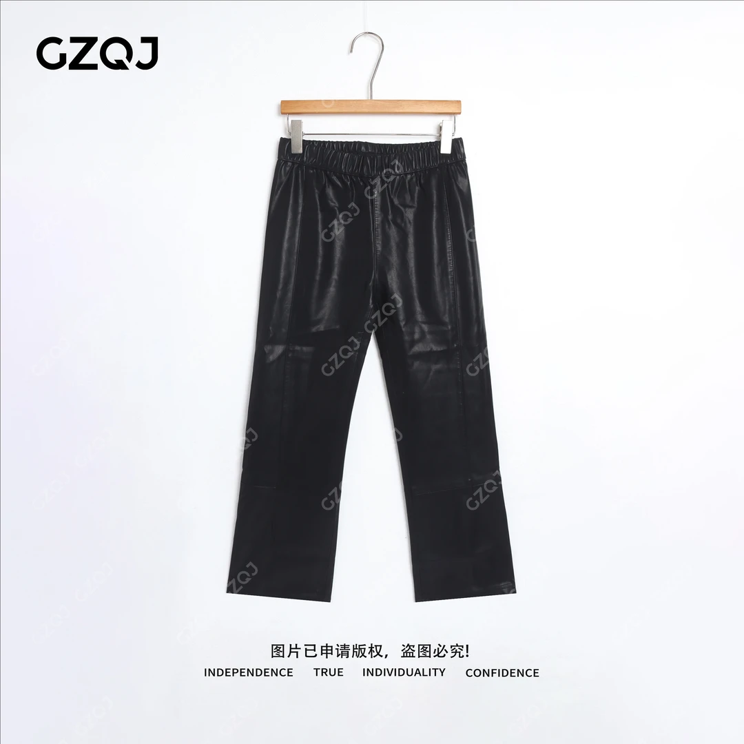 老琴私服【松弛酷感】设计师潮流磨毛高腰微喇叭裤九分皮裤女冬3383