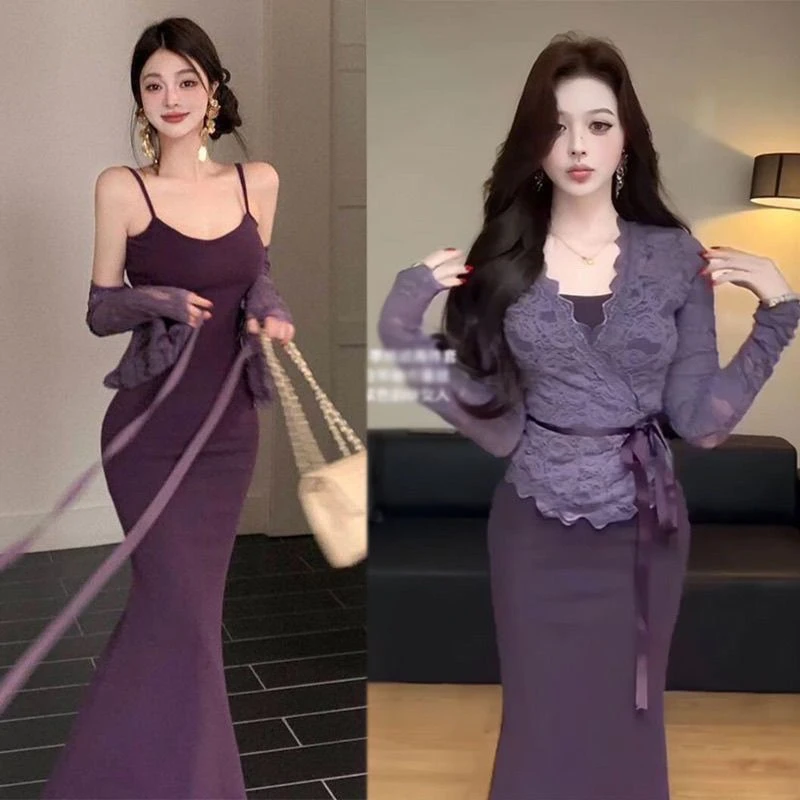 法式紫色包臀吊带连衣裙套装夏季2025新款修身显瘦气质小妈长裙