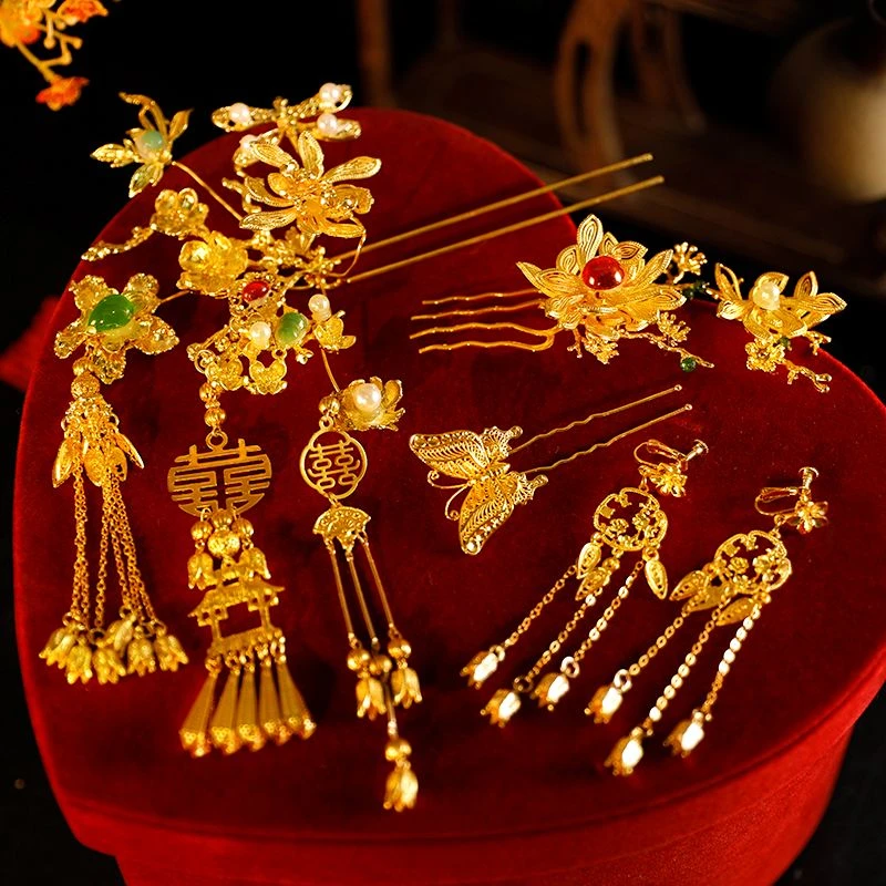 GZ208中式新娘结婚头饰古典金色发簪精致流苏减龄秀禾晨袍龙凤褂