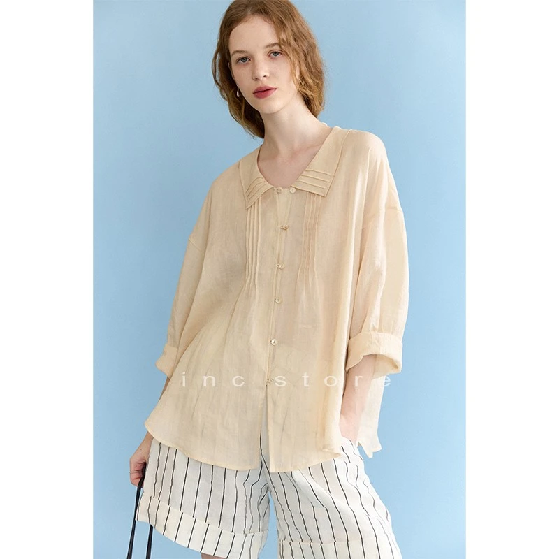 inc store [篱影] 杏色长袖衬衫女2025新款轻奢苎麻V领上衣夏款