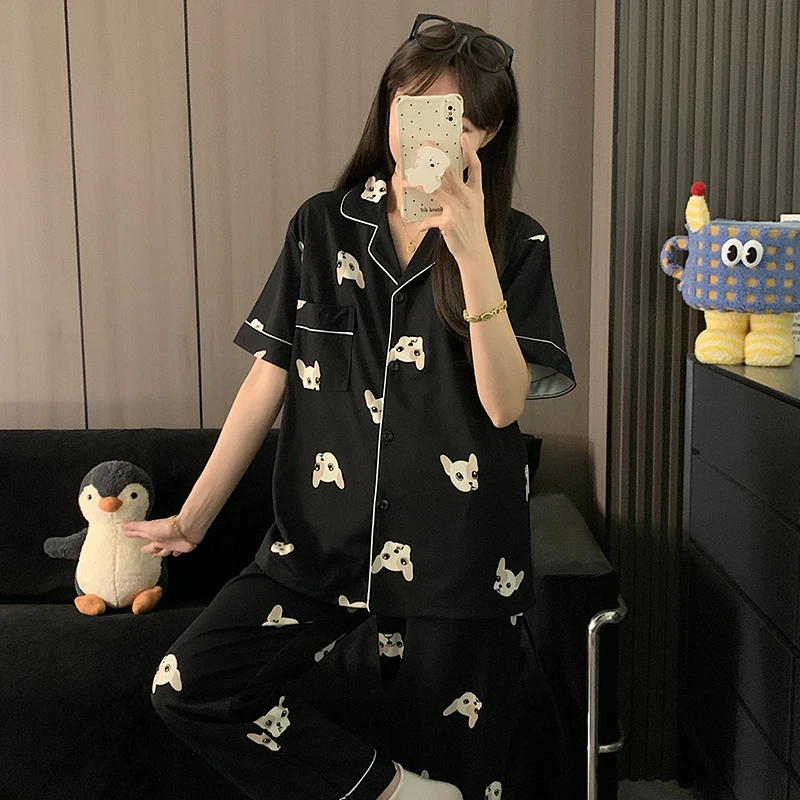 韩国高级感黑色卡通小奶狗睡衣男夏季薄款短袖短裤三件套装家居服