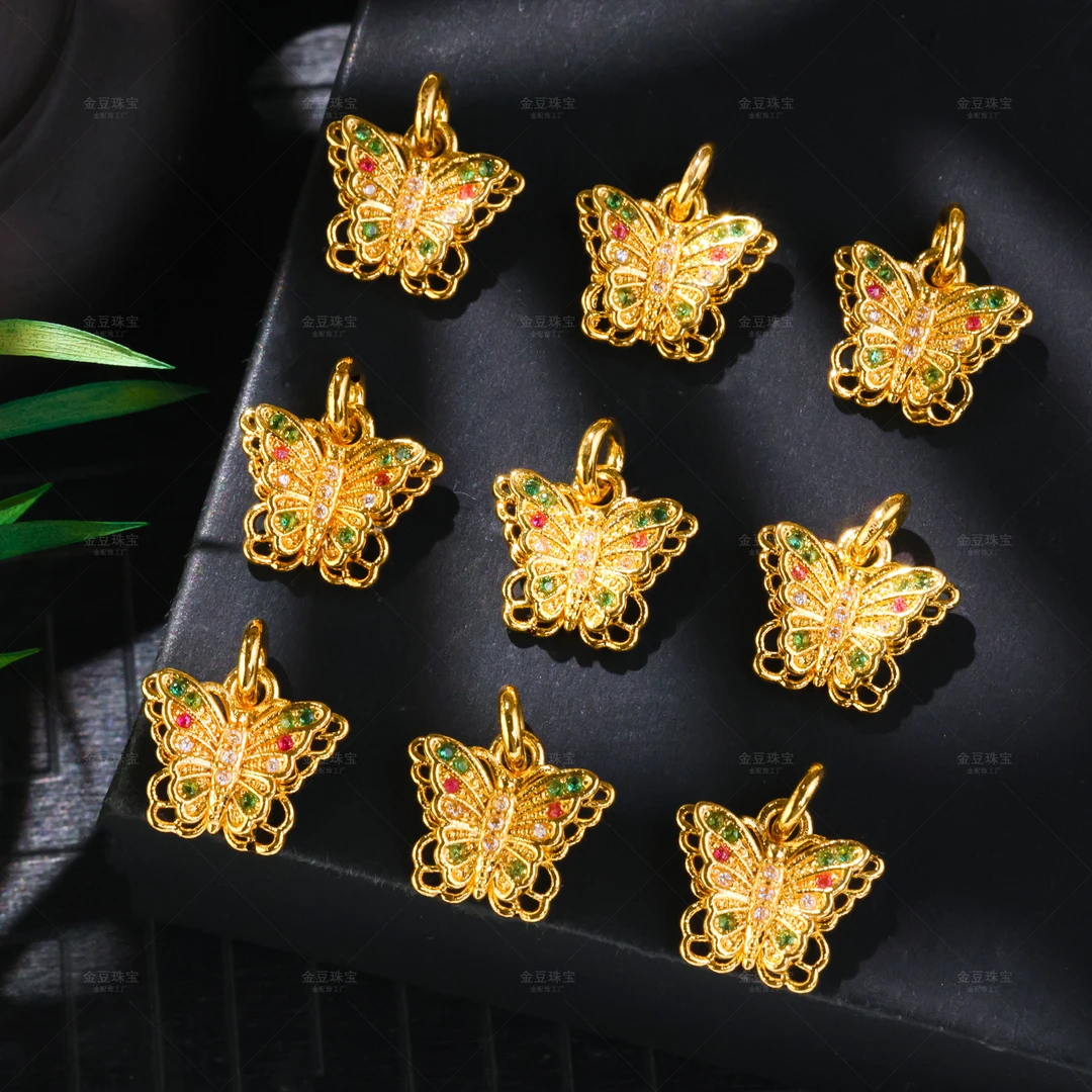 【金豆工厂】18K金豪镶立体蝴蝶吊坠滴溜挂坠（厚5D金）D