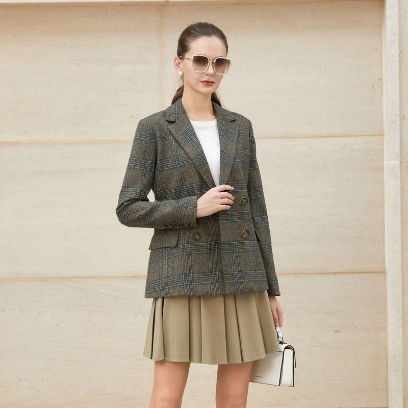 圣迪奥【雅丹风】百搭女装复古格纹双排扣西装外套S23362202