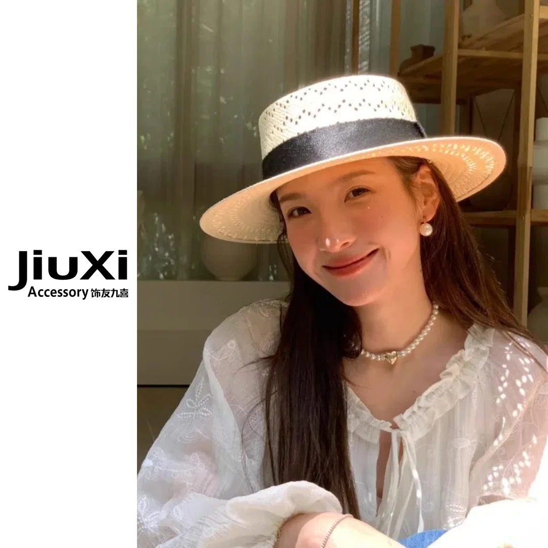 法式高档轻奢镂空网眼平顶草帽子女夏季海边度假防晒遮阳透气礼帽