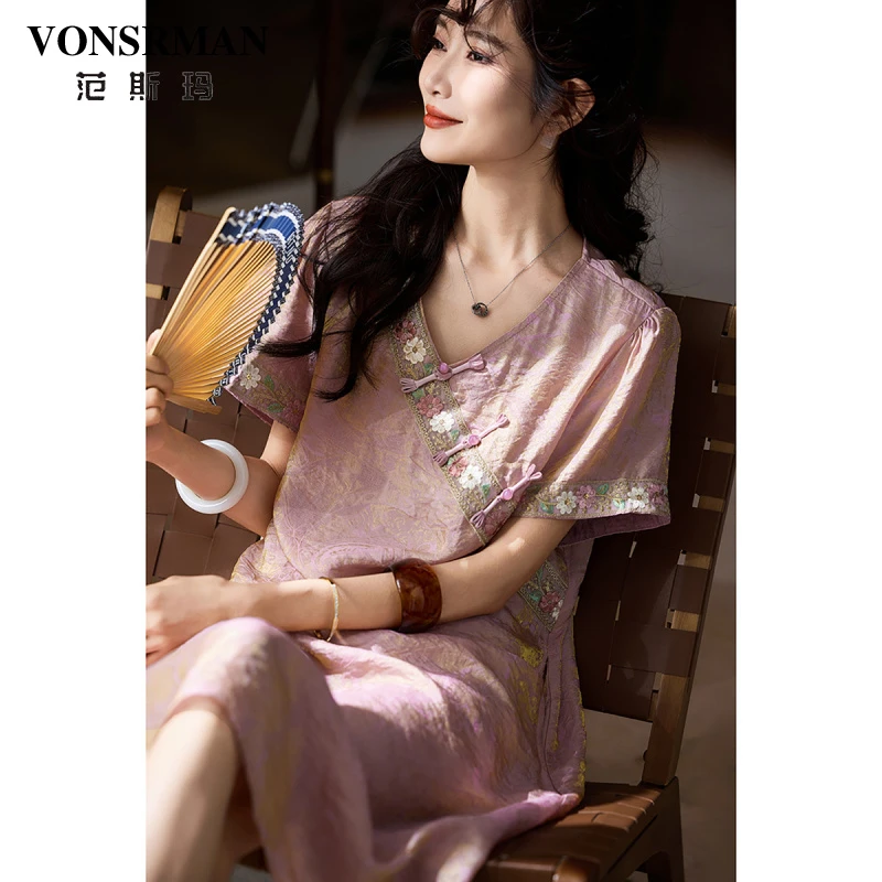 气质新中式提花刺绣连衣裙女2025年夏季新款宽松裙子大码女装