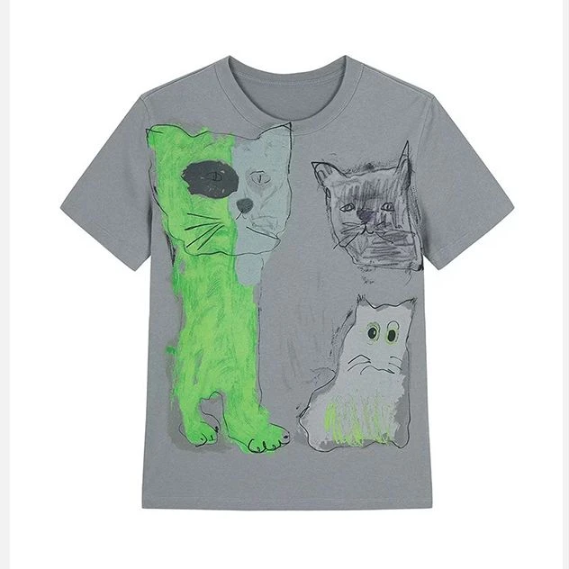 【可宝高端自营】2025春季新款T恤短袖卡通猫咪印花圆领T恤.