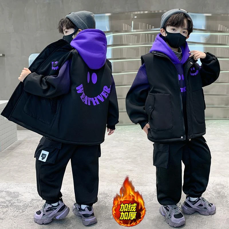 MK&UR.BV男童加绒套装2025新款冬装加厚大儿童男孩冬款卫衣三件套