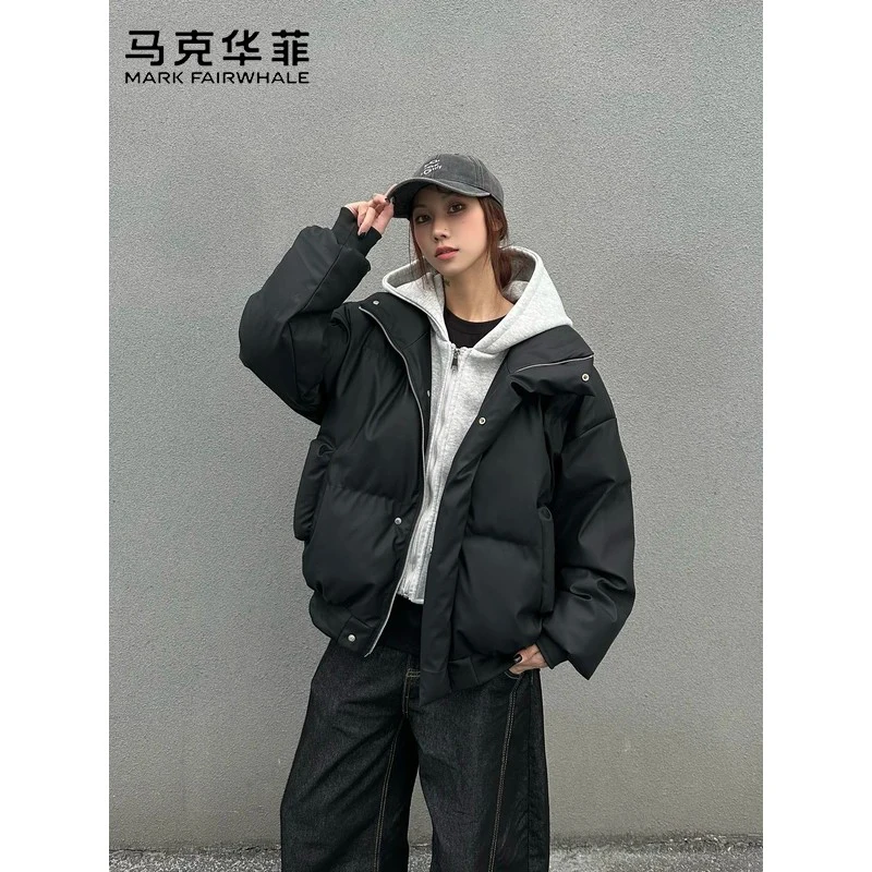 马克华菲PU皮美式短款连帽假两件棉服加厚保暖冬季新款情侣外套