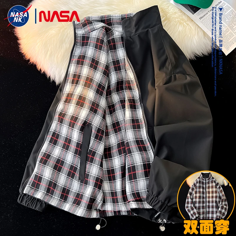 NASA联名立领格子日系夹克男生外套秋季潮流学院风双面穿洋气上衣