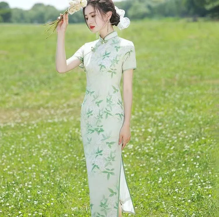 【385】（衣长125cm）夏季绿色优雅少女春夏米色修身港风旗袍复古日常