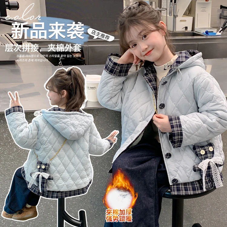 女童中大童2025新款加绒加厚连帽时尚保暖棉袄儿童韩版轻薄棉服