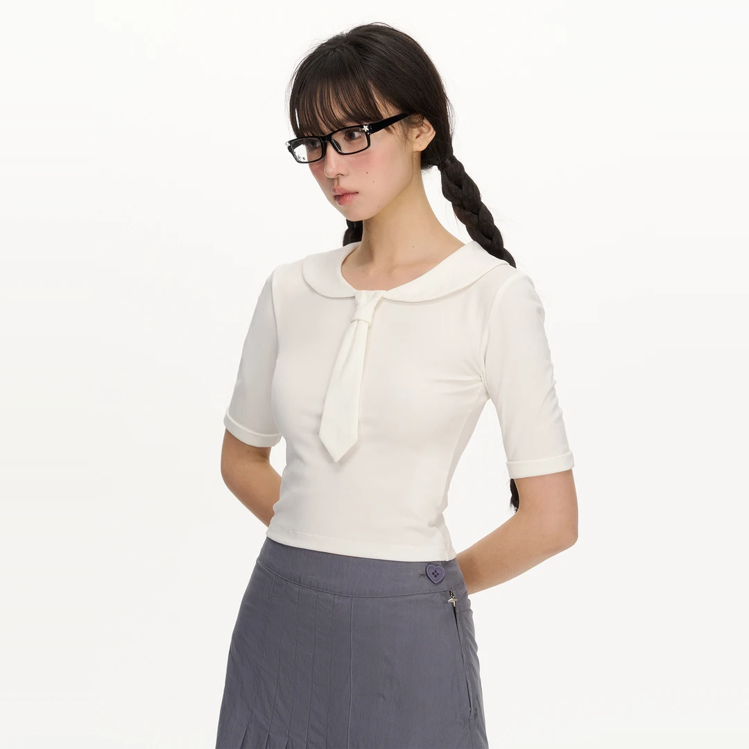 NECY 白色假领结中袖上衣 海军领设计夏季修身显瘦短款T