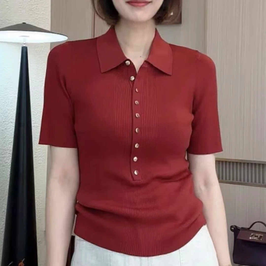 夏季新款翻领polo领修身显瘦薄款针织衫女气质短袖上衣T恤小衫