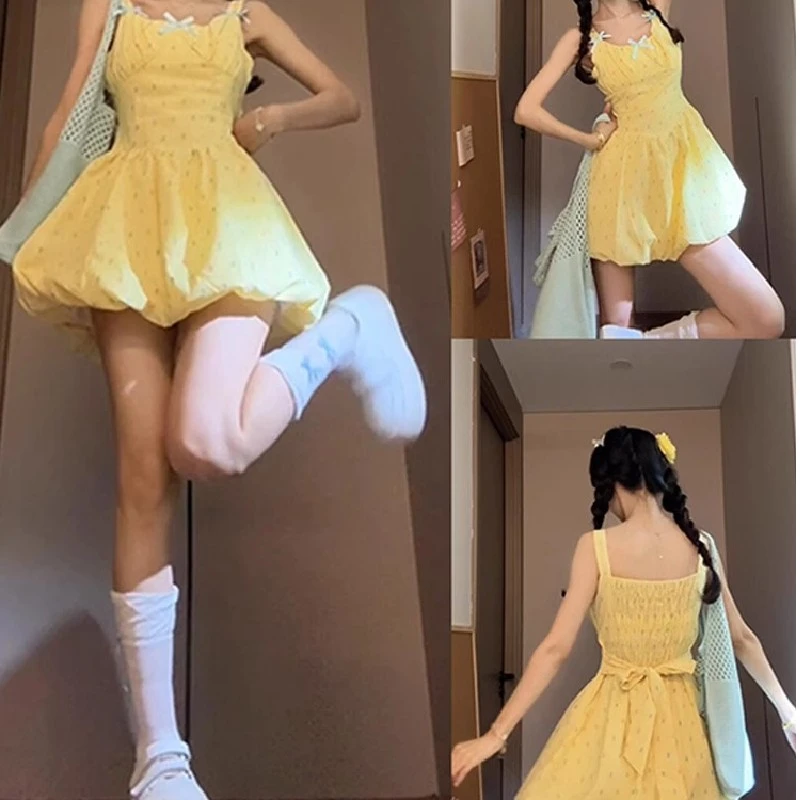 2025多巴胺泰式小裙子黄色吊带连衣裙女夏日绝美海边度假蓬蓬花苞