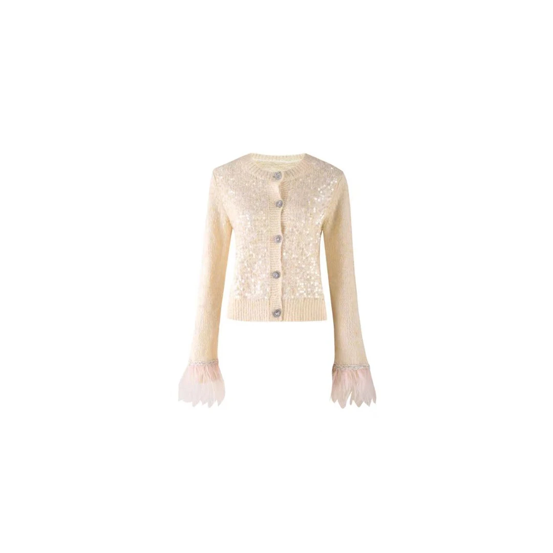 ICC 杏色羽毛袖长袖针织衫 气质 轻奢 名媛 -2802