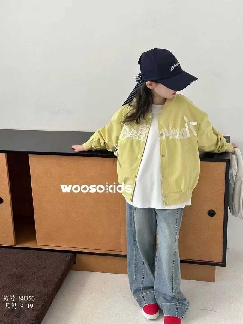 【haobaby】春款蝴蝶结丝带甜酷黄色棒球服外套8350