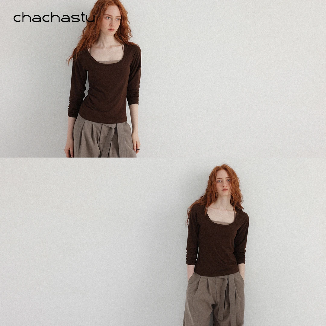 CHACHASTU 气质极简长袖U领修身显瘦上衣背心吊带两件套ZRS1854