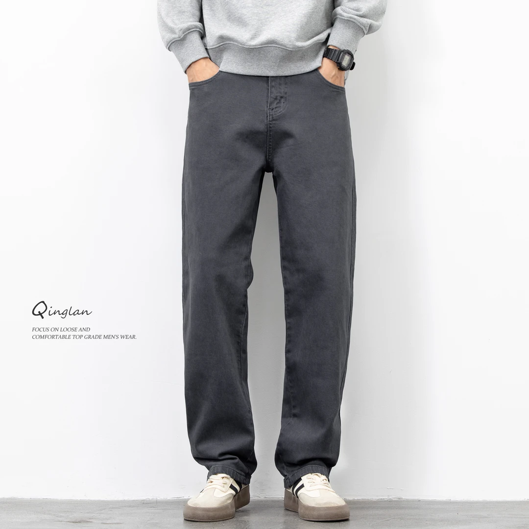 高级弹力牛仔裤男直筒宽松潮流休闲百搭简约水洗深灰色裤子秋冬款