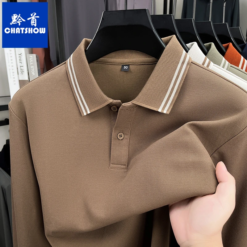 爆款丝光棉男士长袖翻领T恤秋季新款POLO衫商务休闲宽松百搭t恤男