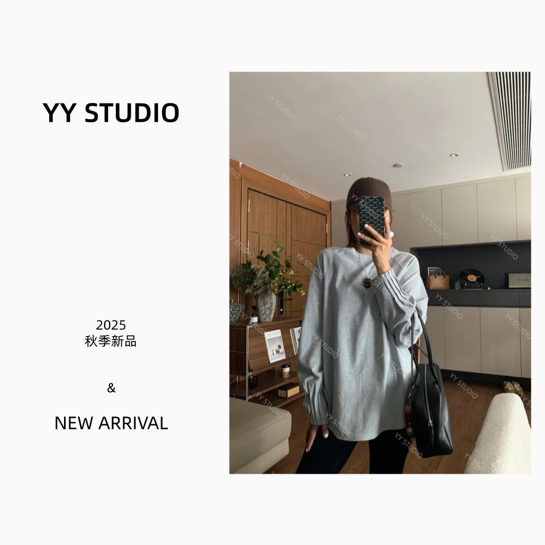 【YY STUDIO】秋季气质百搭时尚显瘦简约中长款宽松圆领T恤