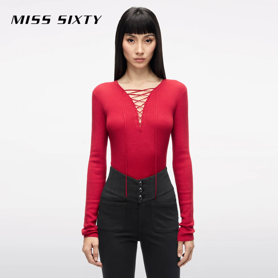 【赵老板专属】Miss Sixty2025春季新款针织衫V领系带紧身百3596