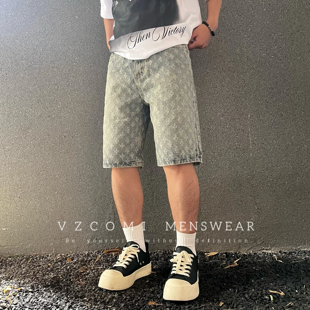 高端美式巴黎风牛仔短裤钩花水洗怀旧短裤五分裤潮牌中裤宽松休闲