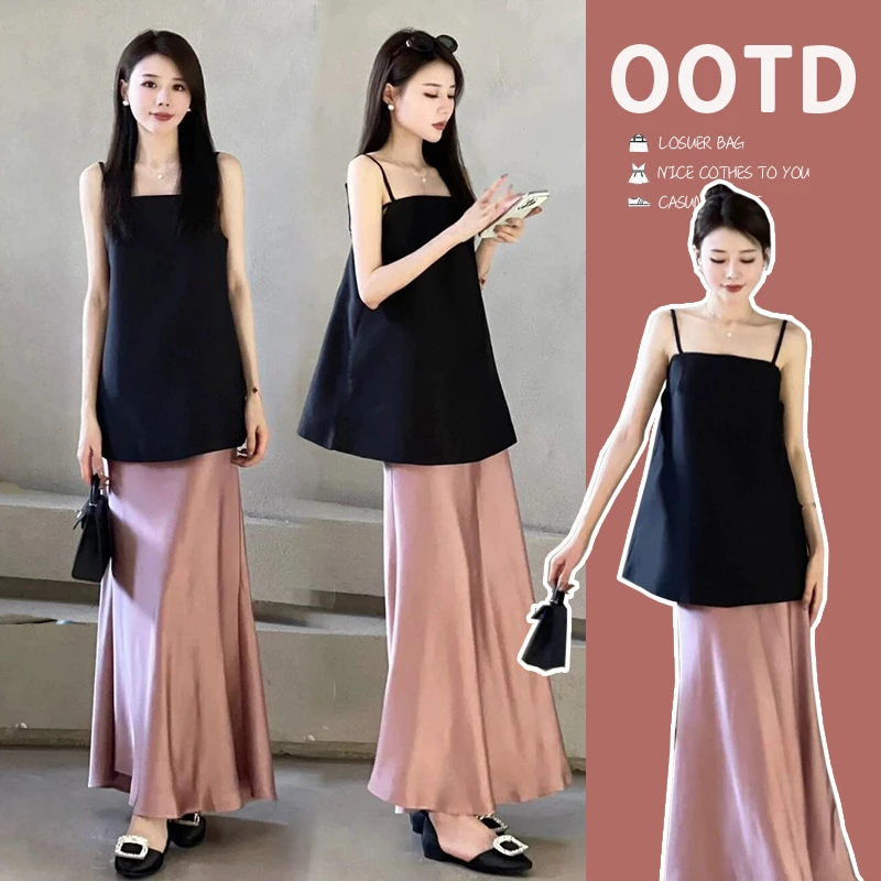 时髦孕妇装新款2025年夏季新款孕妇装黑色吊带上衣粉色托腹半身裙