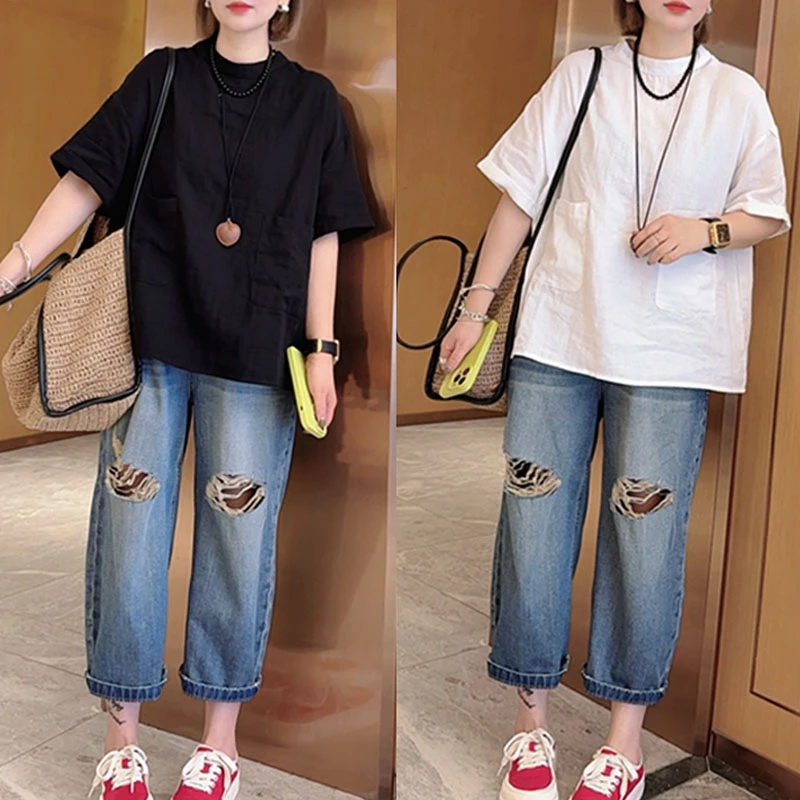 2025夏季新款韩系圆领口袋设计短袖衬衫女时尚宽松休闲百搭上衣潮