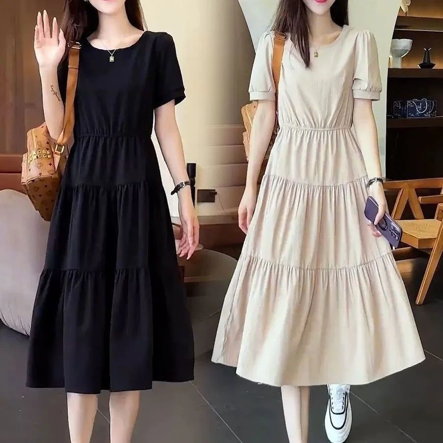 2025夏季新款显瘦收腰韩版A字短袖连衣裙