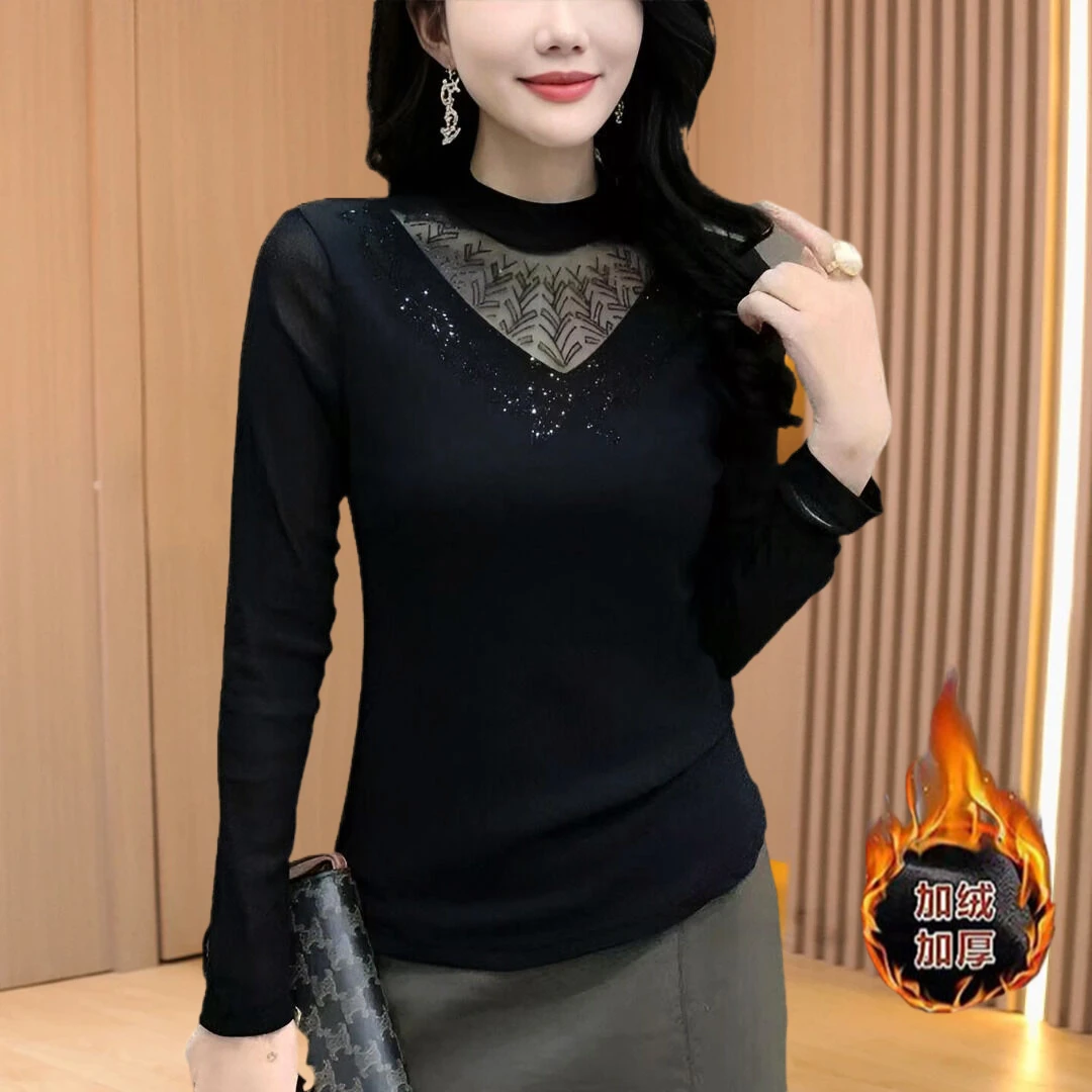 【莫瑞定制】黑色加绒长袖打底衫女2025秋冬洋气百搭半高领洋气小衫