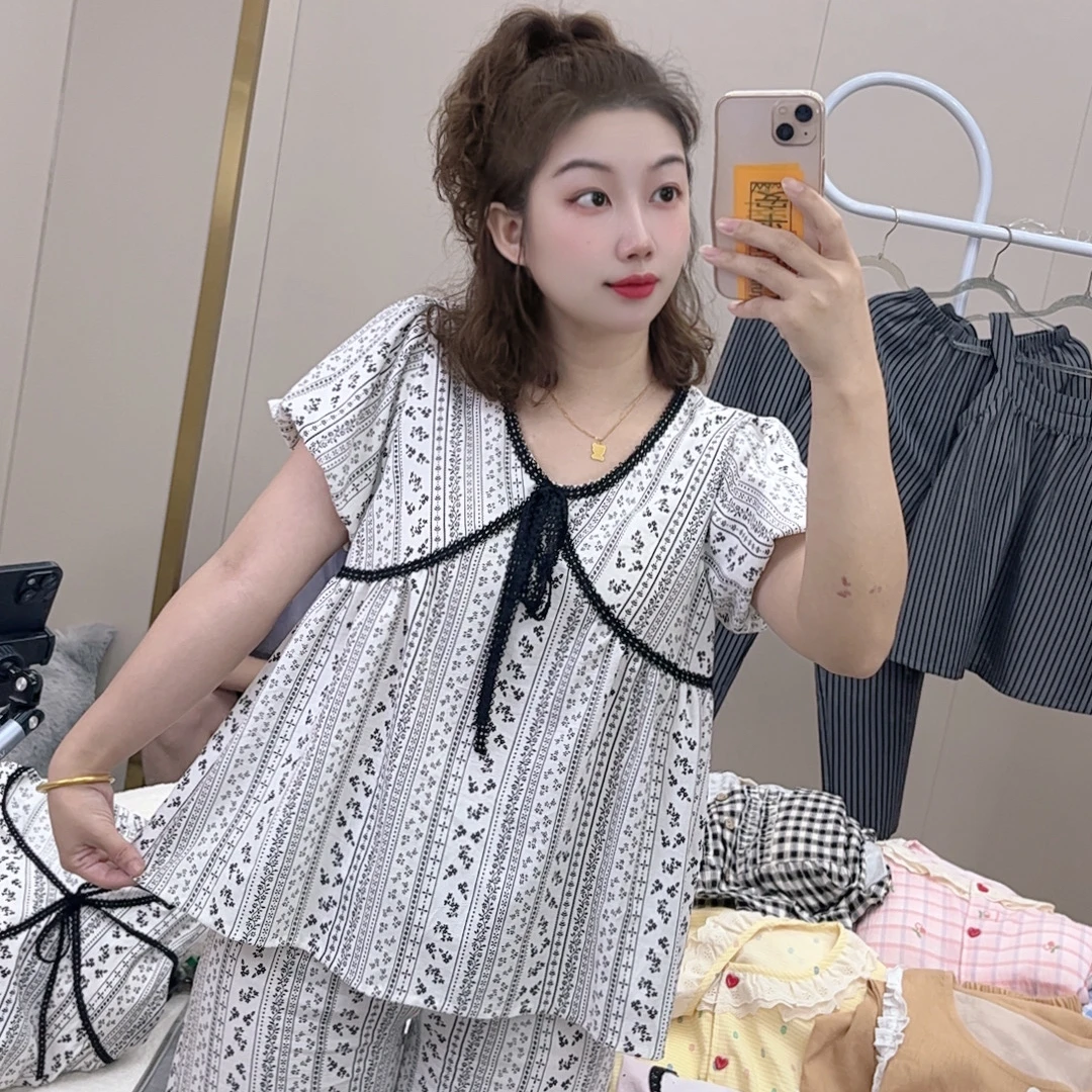 【R632】法式碎花v领泡泡袖高级感睡衣家居服三件套+胸垫