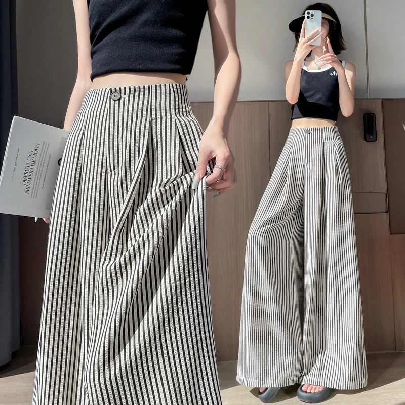 实拍 冰感条纹阔腿裤女2025夏季高腰宽松休闲直筒拖地麻棉西装裤