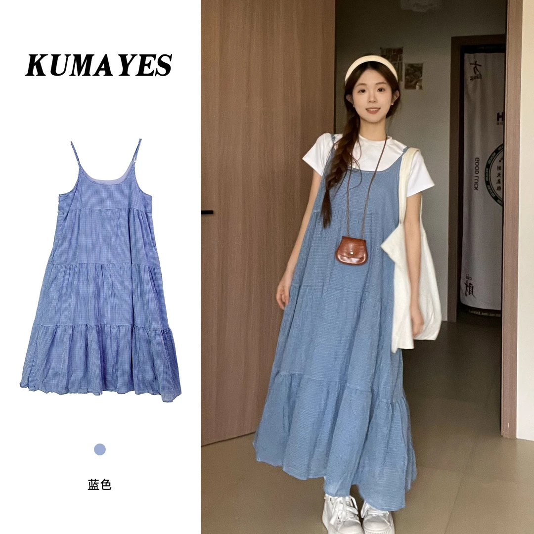 KUMAYES夏日清新蓝色撞色格纹吊带连衣裙女减龄宽松A字中长款裙子