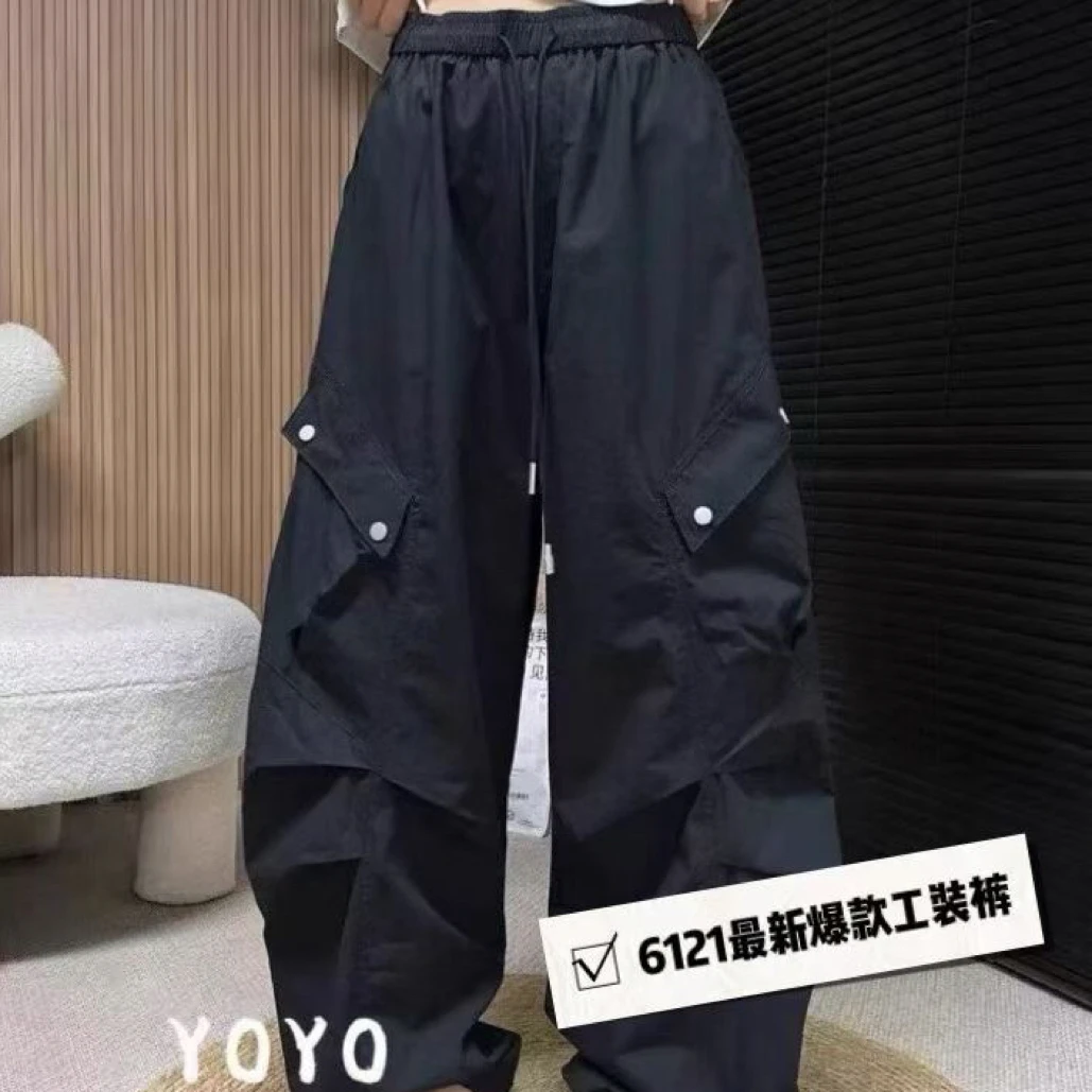 长裤美式时尚感宽松阔腿抽绳拖地女工装裤2025秋季新款黑色百搭