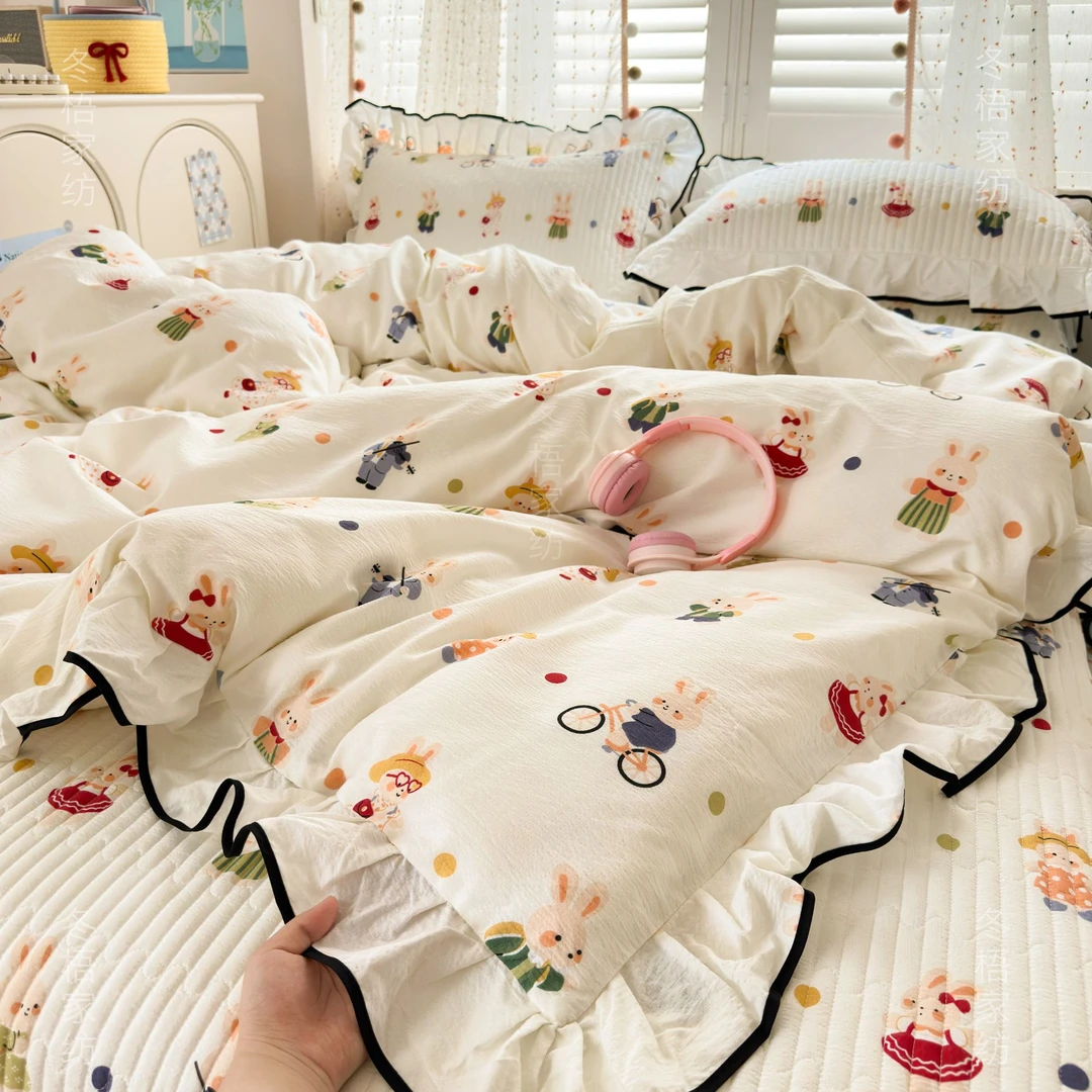 冬梧-新款云感纱双层纱花边床盖四件套被套床单韩版套件床上用品